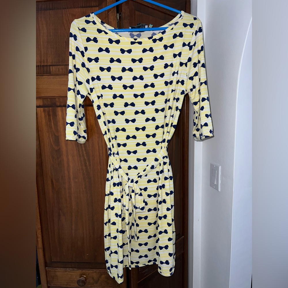 Leota Yellow Dress with Navy Bow Design